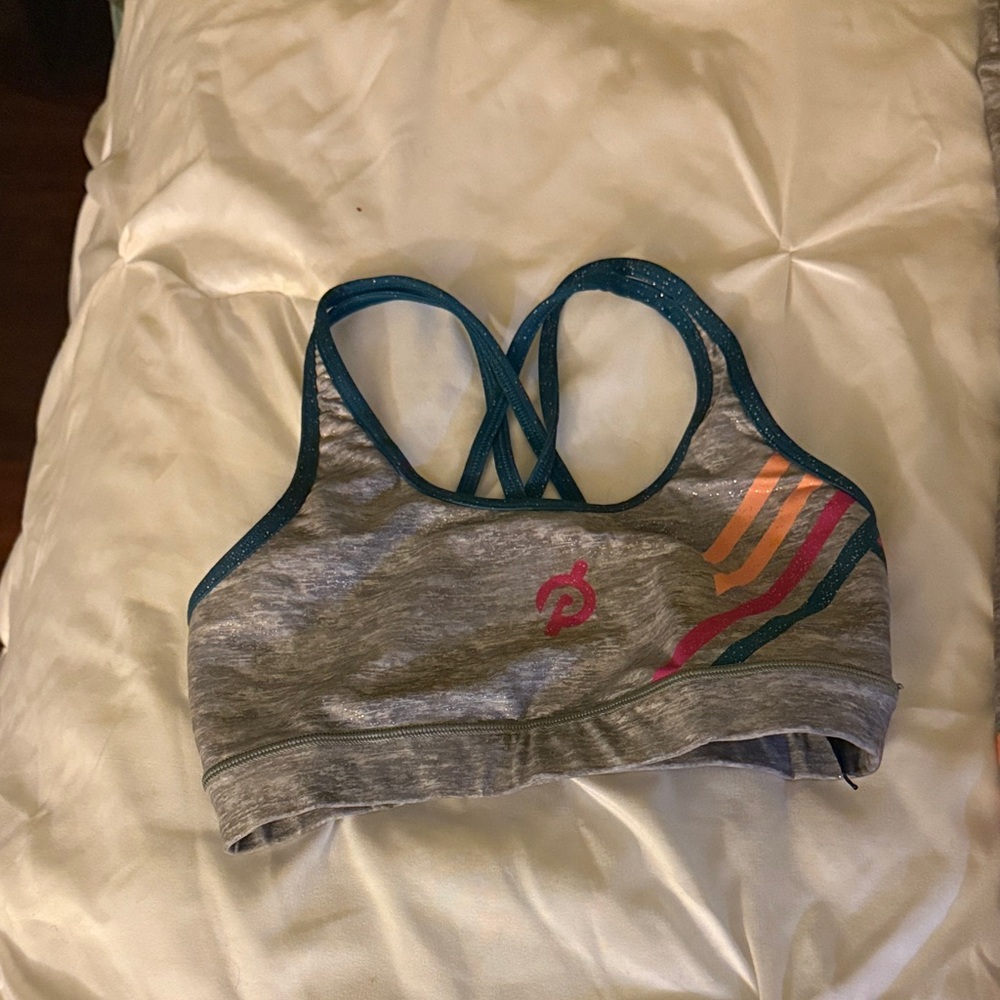 Peloton Gray Sports Bra & Leggings with Teal and Pink Accents